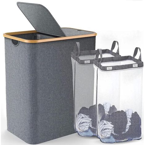 Cesto portabiancheria da 150 litri con coperchio a 2 scomparti, tessuto di bambù impermeabile, cestini portabiancheria, 57 x 37 x 70 cm, grigio (1/3)