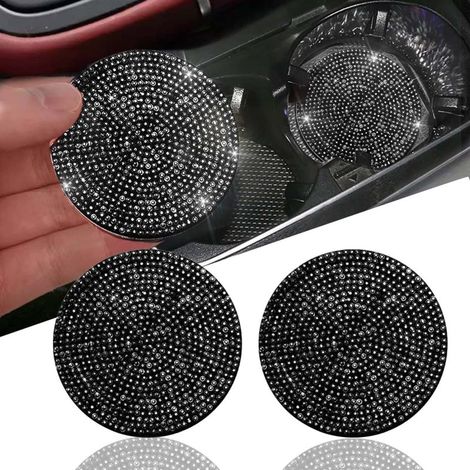 Posavasos brillantes (juego de 2), universales, antideslizantes, de silicona, con diamantes de imitación de cristal, accesorios para el interior del coche, color negro.