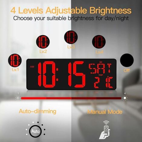 Forehill – Horloge digitale LED 16,5'' avec télécommande – Affichage heure/date/température – Luminosité réglable – Installation murale ou sur table (1/4)