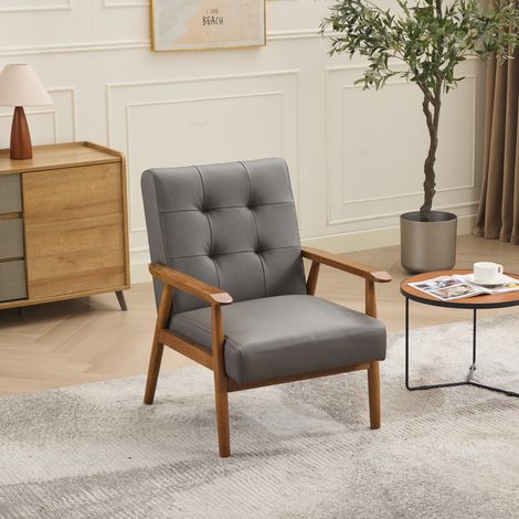 Fauteuil lounge à dossier décoratif, assise avec mousse et ressorts, structure en bois, cuir et PVC, gris (1/5)