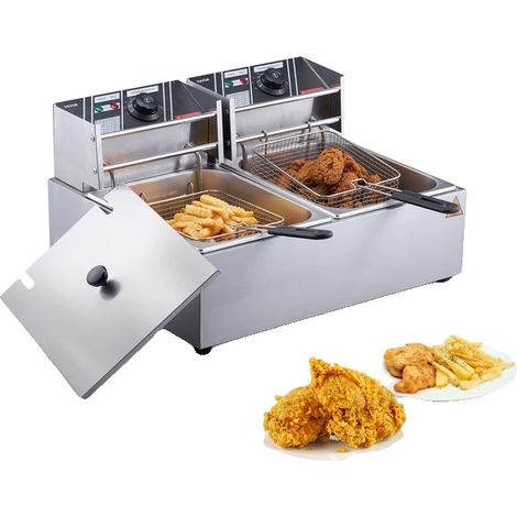 Friteuse commerciale, double cuve, thermostat réglable, pas de minuterie pas de filtre, Double réservoirs, UE (1/2)