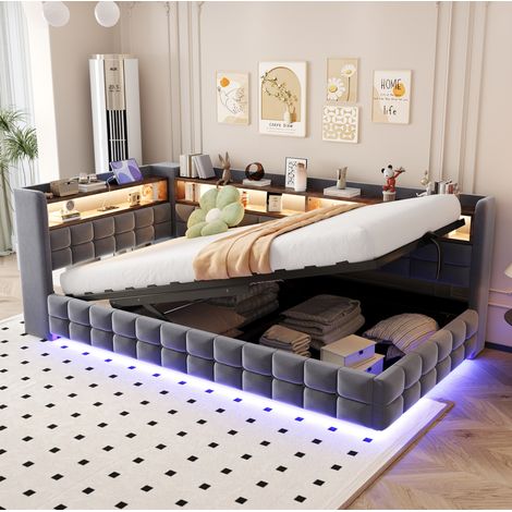 Sofá cama 90x200 cm gris en terciopelo con almacenaje hidráulico, LED y puertos de carga (1/5)