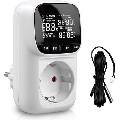 Thermostatic plug, digital temperature controller, 230V plug, with sensor and probe, LCD screen, humidity controller, heating/cooling, temperature switch for greenhouse. (1/5)