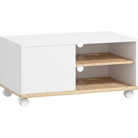 Mueble TV con ruedas y freno, blanco y roble claro, con armario y estante regulable (1/5)