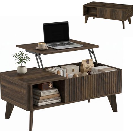 HOMCOM mesa de centro elevable con compartimento oculto, estantes abiertos, frontal ondulado y esquinas curvas, para comedor, 100x48x41-56 cm, nogal (1/5)