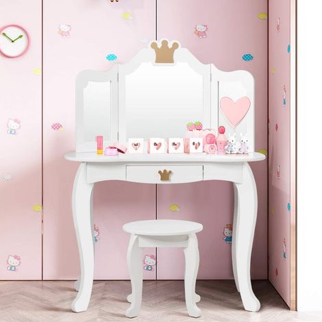 Costway – Coiffeuse enfant avec miroir 3 volets – MDF robuste et pieds en pin – Tiroir fonctionnel et plateau amovible – Cadeau pour petites filles