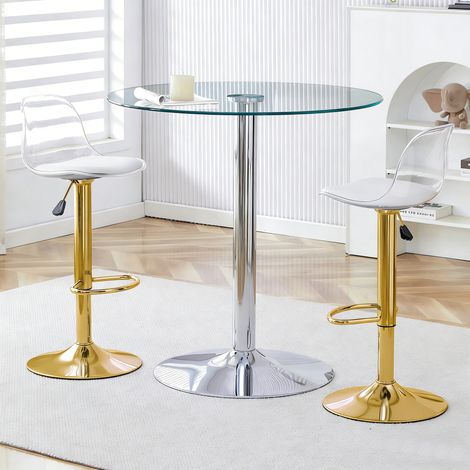 Bar modulable avec table verre 89 cm et 2 tabourets dorés, hauteur réglable, pivotants à 360°. Design transparent, gain de place, usage polyvalent pour cuisine ou salon. (1/5)