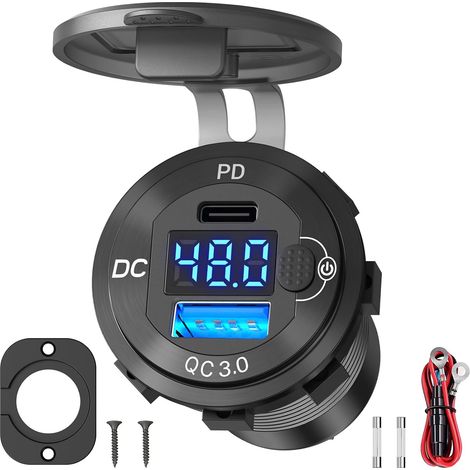 Haute Tension Prise USB 12V 24V 36V 48V 60V Aluminium Prise Chargeur Voiture, PD 30W USB C QC 36W Port USB Voiture Adaptateur Allume-cigare Étanche DIY Kit avec Interrupteur pour Camion Batea, etc (1/5)
