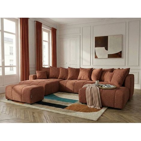 BOBOCHIC - Canapé panoramique convertible ROXELANE tissu bouclette avec pouf Angle gauche Orange (1/4)