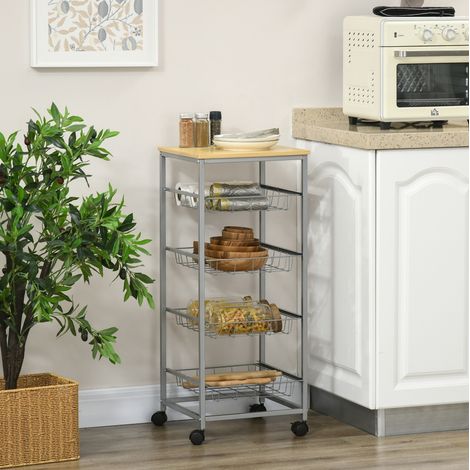 Carro de cocina 36,5/36,5/89 cm en madera y acero, con 4 cestas y ruedas, color plata (1/5)