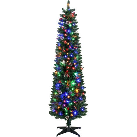 HOMCOM árbol de Navidad estrecho con 170 luces LED bicolor, 180 cm, 351 ramas ignífugas, 11 modos, 25 piñas, 25 bayas rojas, mando a distancia, verde (1/5)