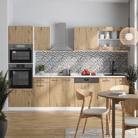 Cuisine R-Line, Artisan chêne/blanc, 300 cm avec armoire haute, PT Chêne, Vicco
