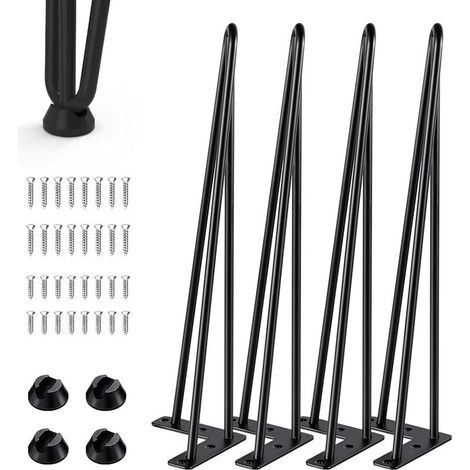 Lot de 4 pieds de table en épingle à cheveux - 3 barres - Pieds de meubles en métal avec protection de sol - Hauteur : 40 cm - Pour tables basses, tables basses, bureaux, tables à manger (1/5)