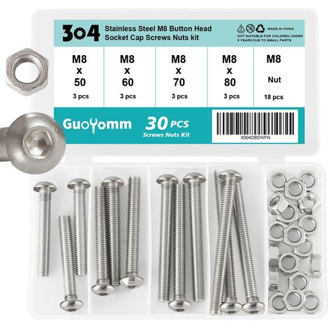 Lot de vis M8, 30 pièces de vis à tête hexagonale à six pans avec écrous à tête bombée, ensemble de boulons mécaniques en acier inoxydable 304 entièrement filetés dans une boîte de combinaison (1/5)