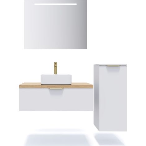 Meuble de salle de bain suspendu vasque à poser 90cm 1 tiroir Blanc + miroir + colonne ouverture droite - Venice (1/5)