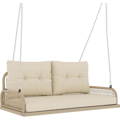 Banc Suspendu Extérieure 2 Places en Résine Tressée avec Coussins et Chaînes en Acier, 115x66x44cm, Beige (1/5)