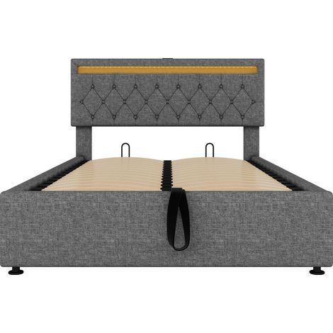 Lit bas rembourré 140200 cm, éclairage d’ambiance au chevet, lit relevable et abaissable, prise USB et Type-C au lit, grand espace de rangement, Gris (1/5)