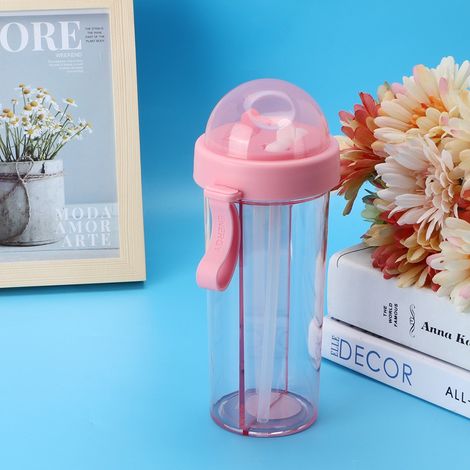 600 ml tragbare Wasserflasche mit zwei Strohhalmen, ideal für Outdoor-Aktivitäten, Reisen und Sport, Pink (1/4)