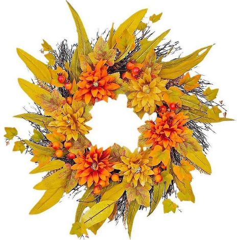 Couronne d'automne de 50 cm avec feuilles d'érable, couronne de fleurs artificielles, décoration automnale (1/4)