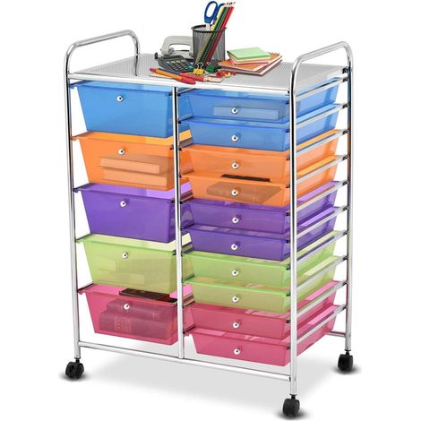 COSTWAY Carrello con 15 Cassetti Impilabili, Carrello di Stoccaggio con Ruote, Carello Portaoggetti per Casa e Ufficio, 62,5 x 37 x 87 cm (Multicolore) (1/5)