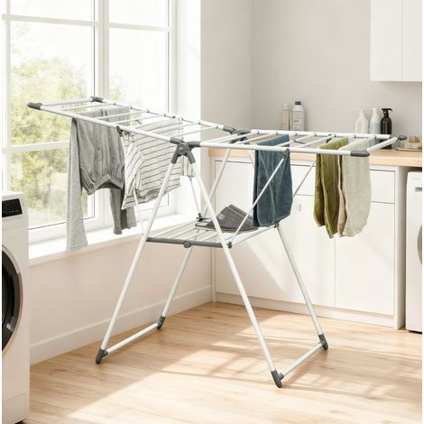 Tendedero plegable de 2 niveles con alas ajustables, 156,5 x 61,5 x 97 cm, metal blanco, REDOM (1/5)