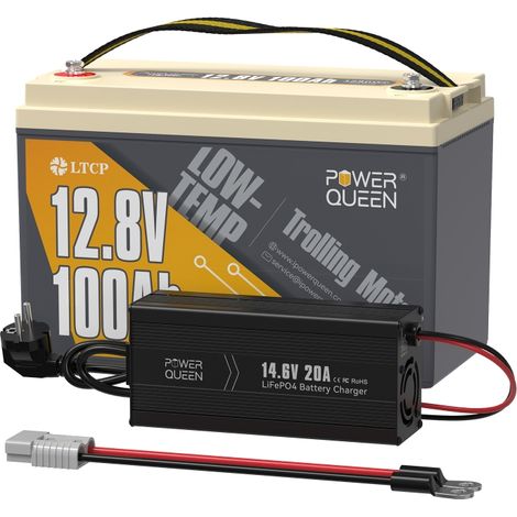 Power Queen – Batterie lithium 12V 100Ah 1280Wh LiFePO4 – Chargeur 14,6V 20A inclus – Basse température – Applications marines et solaires