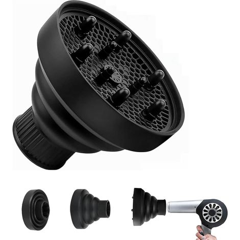 Diffuseur Cheveux, Diffuseur Seche Cheveux Universel, Diffuseurs de Cheveuxs Universel, Accessoire de Diffuseurs de Cheveuxs Réglable, Portable Convient pour Séchoir, Noir (1/5)