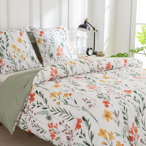 Bettwäsche-Set 240x220 cm Mikrofaser Blumenmuster Grün Weiß mit Reißverschluss