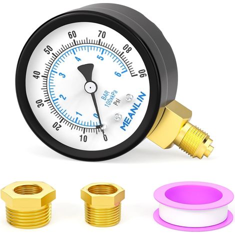 06BAR/090PSI Pressure Gauge for 2"DIAL FACE 1/8" BSP Well Pump, with 1/4" BSP and 3/8" BSP Hex Bushing, Bottom Mount Water, Oil and Air Pressure Test Center (1/5)