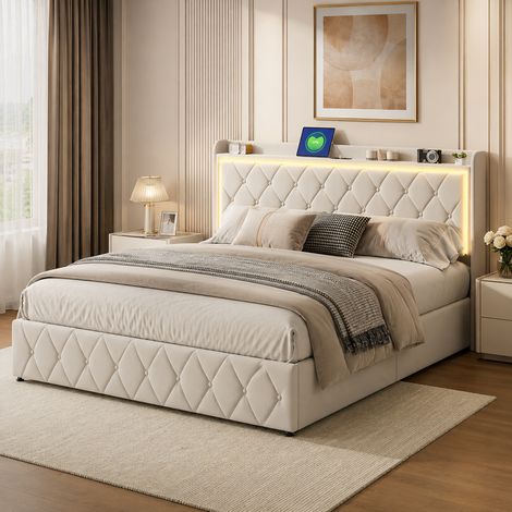 Lit Coffre 140x190 cm avec LED et USB, Lit Double avec Sommier à Lattes, Lit Capitonné avec Hydraulique Rangement, Cadre De Lit, Lit Rembourré pour Adulte Adolescent, Velours Beige (1/5)