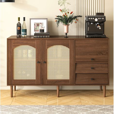 Aparador de tablero de partículas color madera con puertas de ratán, 130x40x75,5 cm, estantes ajustables (1/5)
