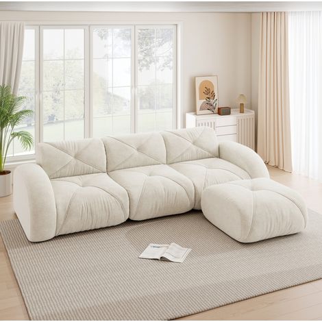 Canapé modulaire 3 places avec repose-pieds beige clair en chenille, sans montage (1/5)
