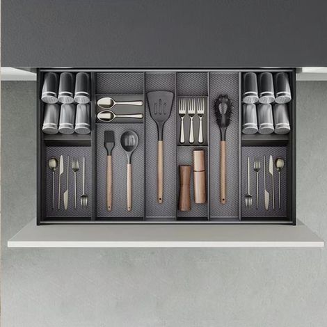 Emuca – Organizador orderbox para cajón 150x470mm – Acero y laminado fenólico – Resistente al agua y antibacteriano – Color gris antracita (1/5)