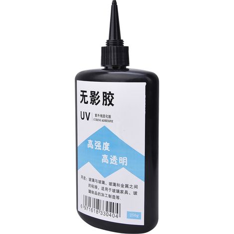 Outils de bricolage : Adhésif UV, haute transparence, haute résistance, colle UV sans trace pour coller le verre, les tables basses, le cristal et l'acrylique (250 g). (1/3)
