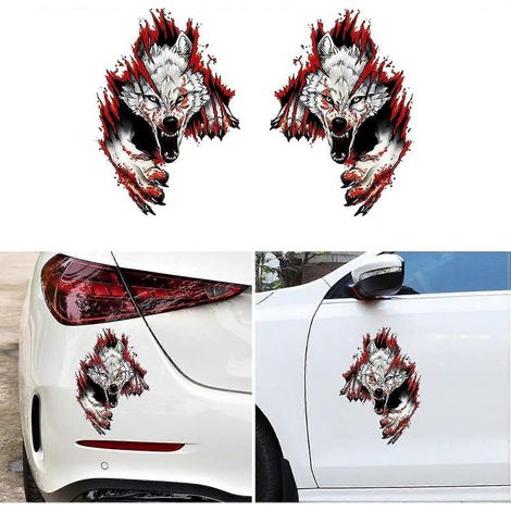 Lot de 2 autocollants pour capot, portière ou vitre de voiture, motif tête de loup modifiée, décoration universelle, autocollant en vinyle pour carrosserie de voiture style course. (1/5)