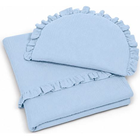 Edredón relleno y almohada plana con volante de muselina - juego de 2 piezas, azul (1/5)