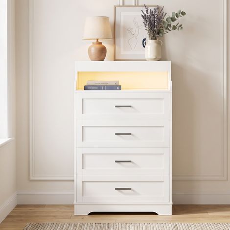 Commode blanche 4 tiroirs 73x40x114 cm, Commode chambre avec Éclairage LED RGB et Étagère Ouverte, Bois, Moderne, Blanc (1/5)