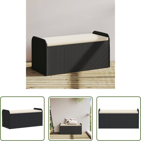 Meuble extérieur -  Banc de rangement avec coussin noir 115x51x52 cm résine tressée (1/5)