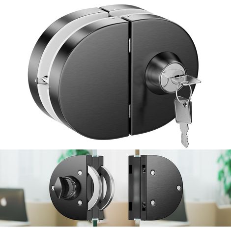 serrure en acier inoxydable 304 pour porte en verre 10–12 mm, conception avec clé et bouton intérieur, installation sans perçage, structure en V avec vis cachées, finition noir brossé moderne (1/5)