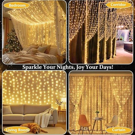 Joycome Lichtervorhang 6m x 3m 600 LED Lichterketten Vorhang, 8 Modi Weihnachtsbeleuchtung Strombetrieben Wasserdicht Fenster Lichterkette für Wand Zimmer Balkon Außen Innen Weihnachtsdeko (Warmweiß) (1/2)