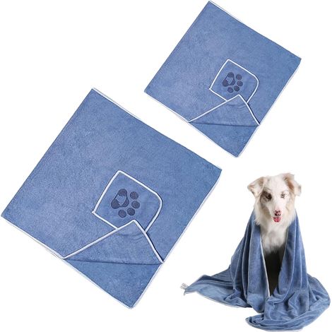2 serviettes de bain pour chien, microfibre absorbante avec poches mains, 35x75 cm + 50x100 cm ou 35x75 cm + 70x140 cm, usage toilettage voyage natation (1/5)