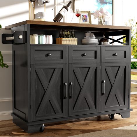 Isla de cocina con ruedas 118 x 43 x 98 cm, tablero abatible, negro OKMYHOME (1/5)