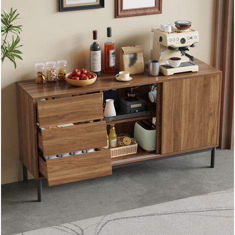 Credenza madia 150x40x80 cm in MDF, con 3 cassetti e 2 ante scorrevoli, per cucina e soggiorno, colore naturale (1/5)
