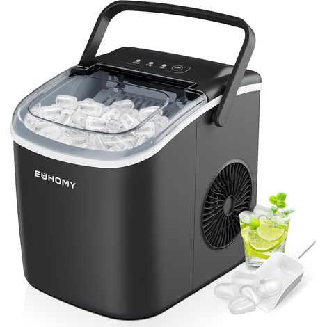 EUHOMY Eiswürfelmaschine Klein, 12KG Eiswürfelbereiter Ice Maker, 9 Würfel in 6 Minuten fertig, Schwarz Eiswürfelmaschine mit Tragbarem Griff, 12KG/24H, Selbstreinigendes Eiswürfelmaschinen (1/5)