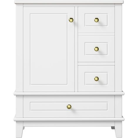 Freistehender Badschrank 61 cm Weiß Hochglanz mit Keramikwaschbecken, 3 Schubladen und Tür (1/5)
