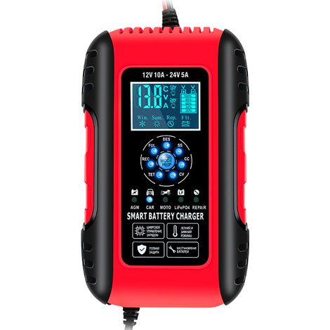 Chargeur de batterie intelligent 10A 12V/24V LiFePO4 – Écran LCD – Détection automatique – Fonction réparation – Protection multiple