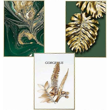 Ensemble de 3 affiches murales décoratives avec motif forêt, feuille d'or et palmier, sans cadre, à suspendre au mur. (1/5)