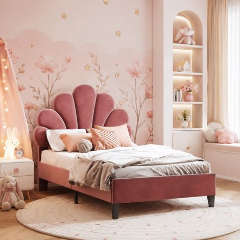 Lit capitonné 90×200cm, tête de lit réglable, lit enfant simple, tête de lit en forme de pétale, lit princesse, style moderne, pieds en métal, Sommier à lattes, lit ado, Velours, Bordeaux (1/5)