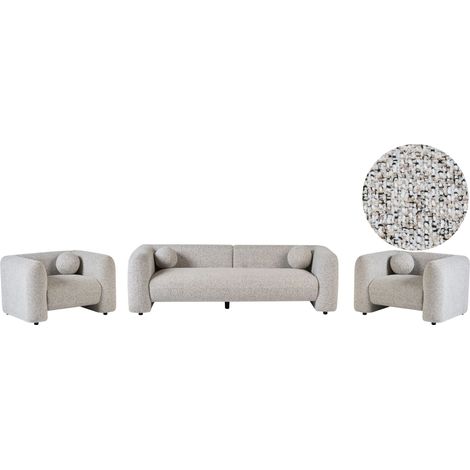 Set da salotto composto da divano a 5 posti e 2 poltrone in tessuto bouclè beige con cuscini aggiuntivi Leiren (1/5)