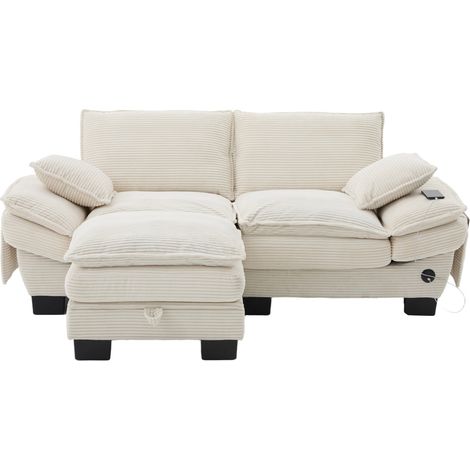 Divano modulare 2 posti in velluto a coste beige con pouf, USB-C e tasche laterali (1/5)